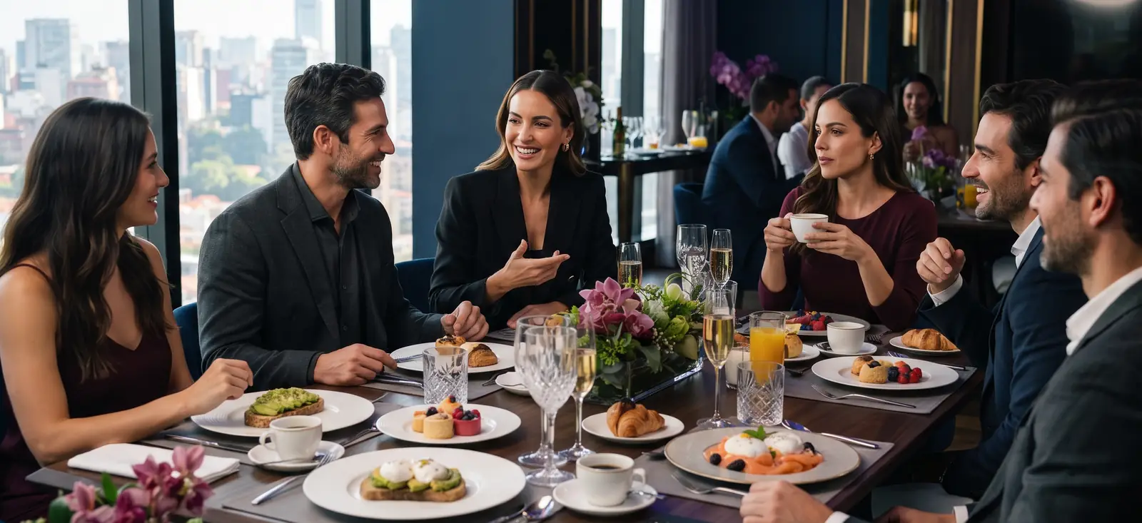Empresarios conversando alrededor de la mesa del desayuno de negocios